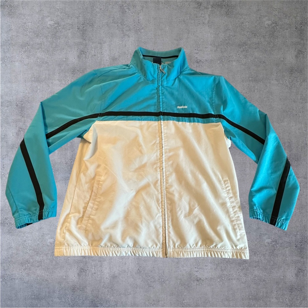 Reebok Windbreaker Jacket Mens Large Blue White Colorblock Racing‎ Stripe